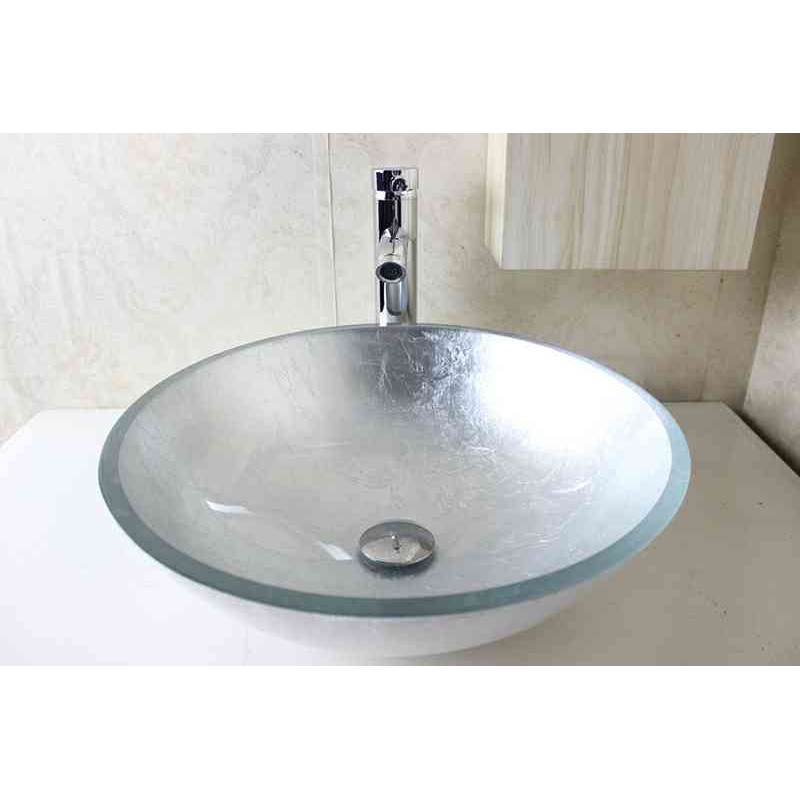 Modern Round Silver Paste Foil, Tempered Glass Countertop Basin