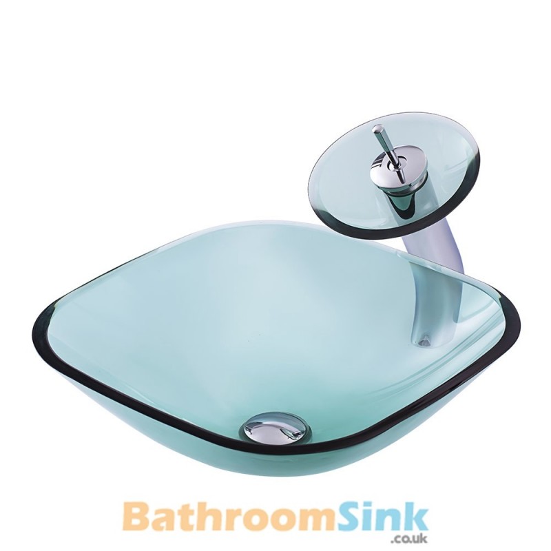 Art Deco Tempered Glass Vessel Sink With Tap & Waste Set – Black & Blue Oval Bathroom Basin